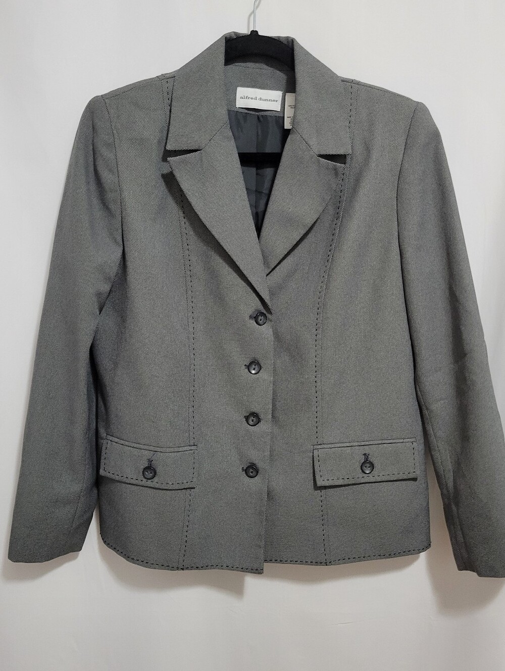 Alfred Dunner Black/White Microcheck Notch-Collar Button-Front Blazer, Size 8